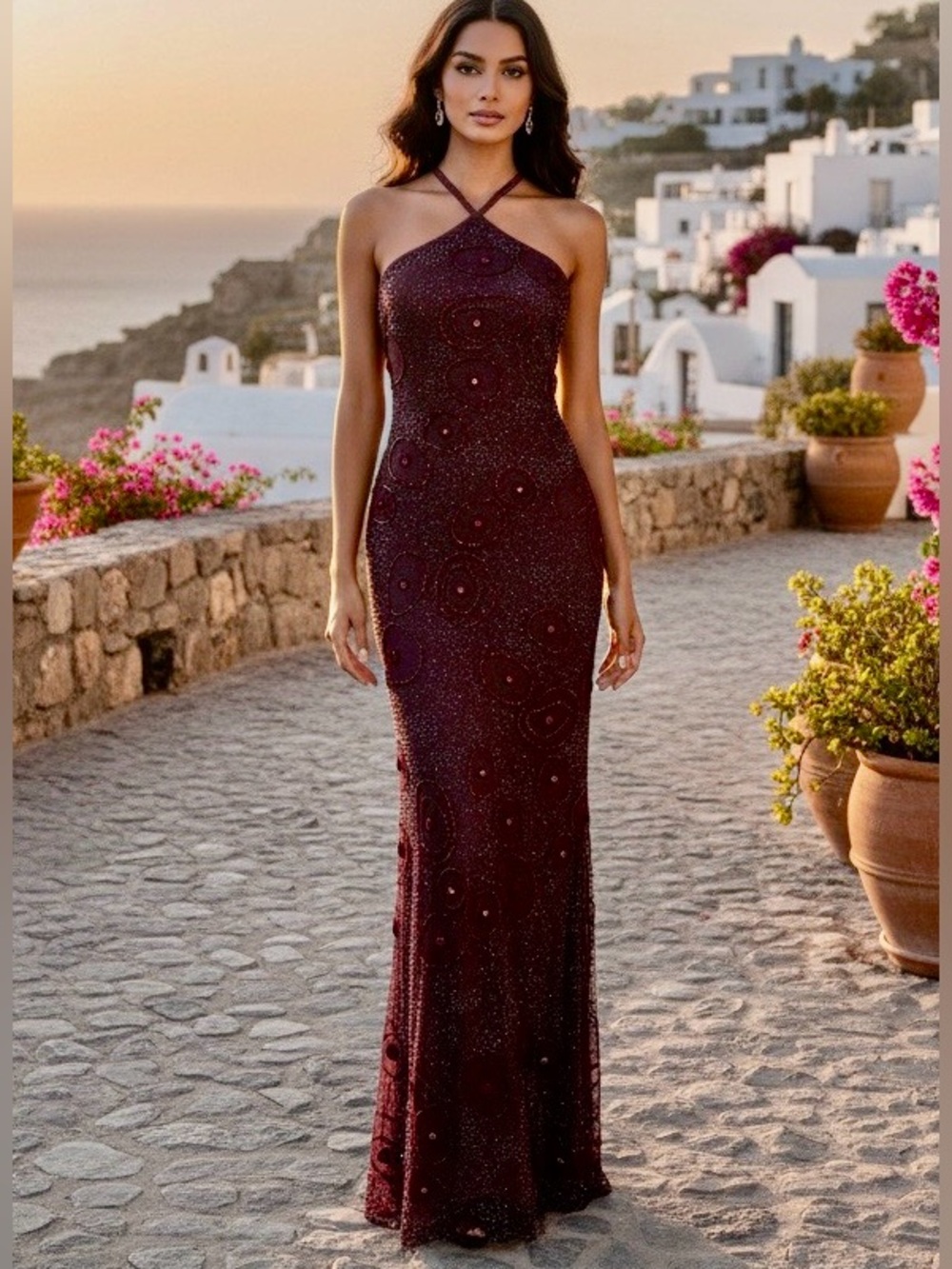 Cross-back hand beaded Evening Gown in Deep Wine burgandy. Stretch fabric NWT S